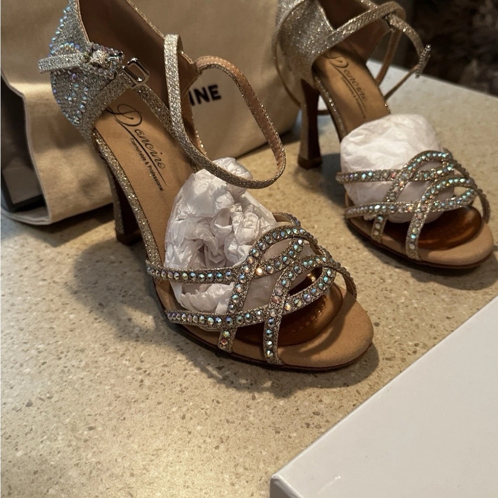 Women’s DANCINE Sandals Salsa Ballroom Dance Shoes Size 8 Rhinestones - Picture 2 of 11